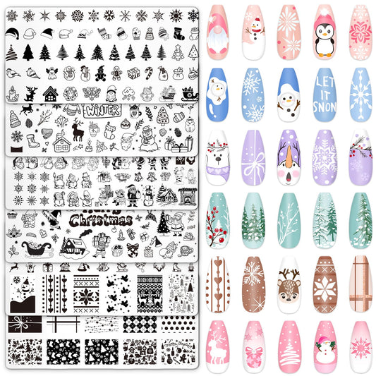 Whaline 6Pcs Winter Christmas Nail Plates Stamping Set Stamp Templates Xmas Tree Snowman Snowflake Santa Claus Nail Art Plates for DIY Print Manicure Salon Design