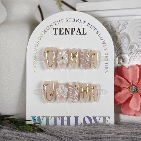 TENPAL 10Pcs Short Almond Oval Press On Nails With Tools,Nude Pink Fake Nails with 3D Flowers & Cat Eye Designs,Glitter Gold Edge Glue on Nails, Glossy Handmade Acrylic False Nails for Daily Party(XS)
