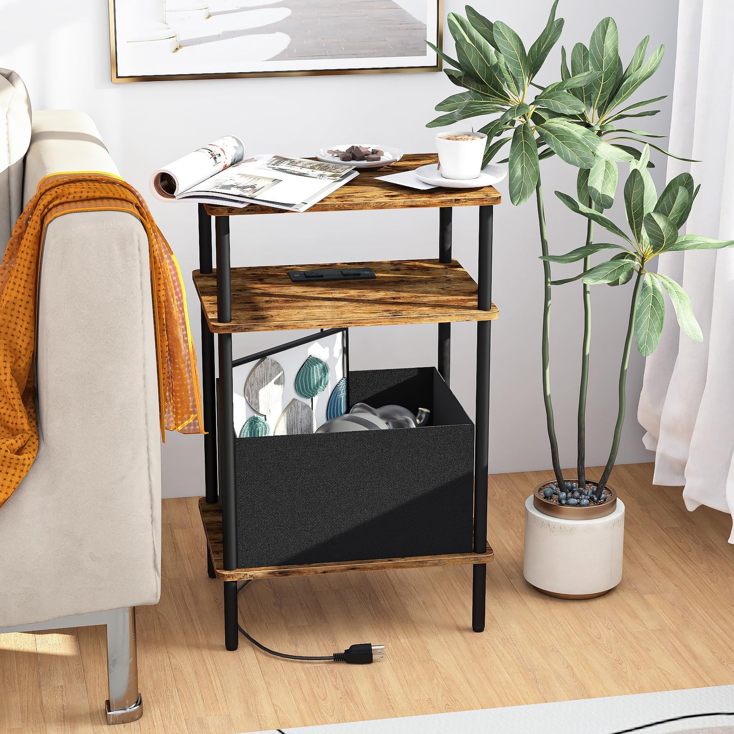 Newmics Small Side Table with Charging Station, Set of 2 End Table for Small Spaces, Slim Nightstand with Outlet,Sofa Beside Table,Living Room, Bed Room, Rustic Brown