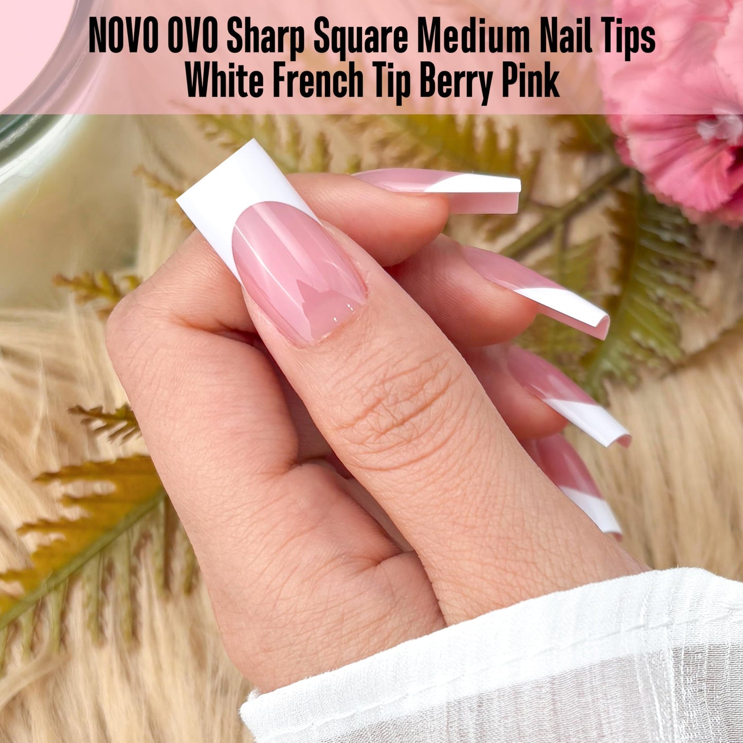 NOVO OVO Medium Sharp Square White French Tip Nail Tips Press on BERRY PINK, Extra Thick NEED Builder Glue Gel & Top Coat, Soft Gel Full Cover False Fake Nail Extension for Salon DIY x 15 Sizes 180 pc