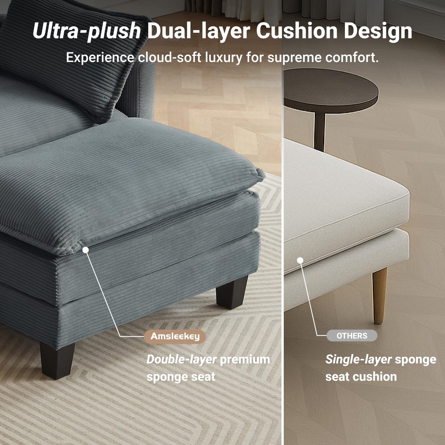 Amsleekey Modular Sectional Sofa, 111.5" U-Shaped Corduroy Comfy Sectional Couches for Living Room, 3-Seater Cloud Couches with 2 Movable Ottomans, Flexible Combination Modern Deep Seat Sofa (Grey)