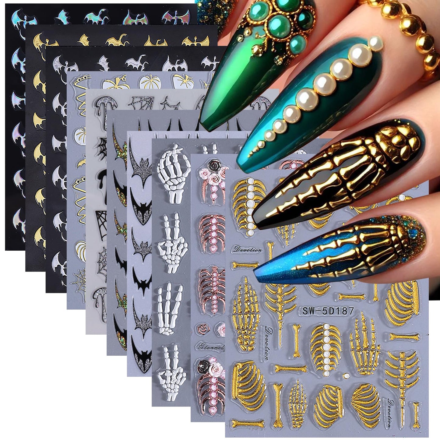 Gothic 5D Nail Art Stickers 10 PCS Embossed Skeleton Y2K Nail Decals Golden Rose Gold White Bone Skeleton Designs Goth Bat Self Adhesive Sliders Nail Art Decoration Manicure Accessories for DIY Party