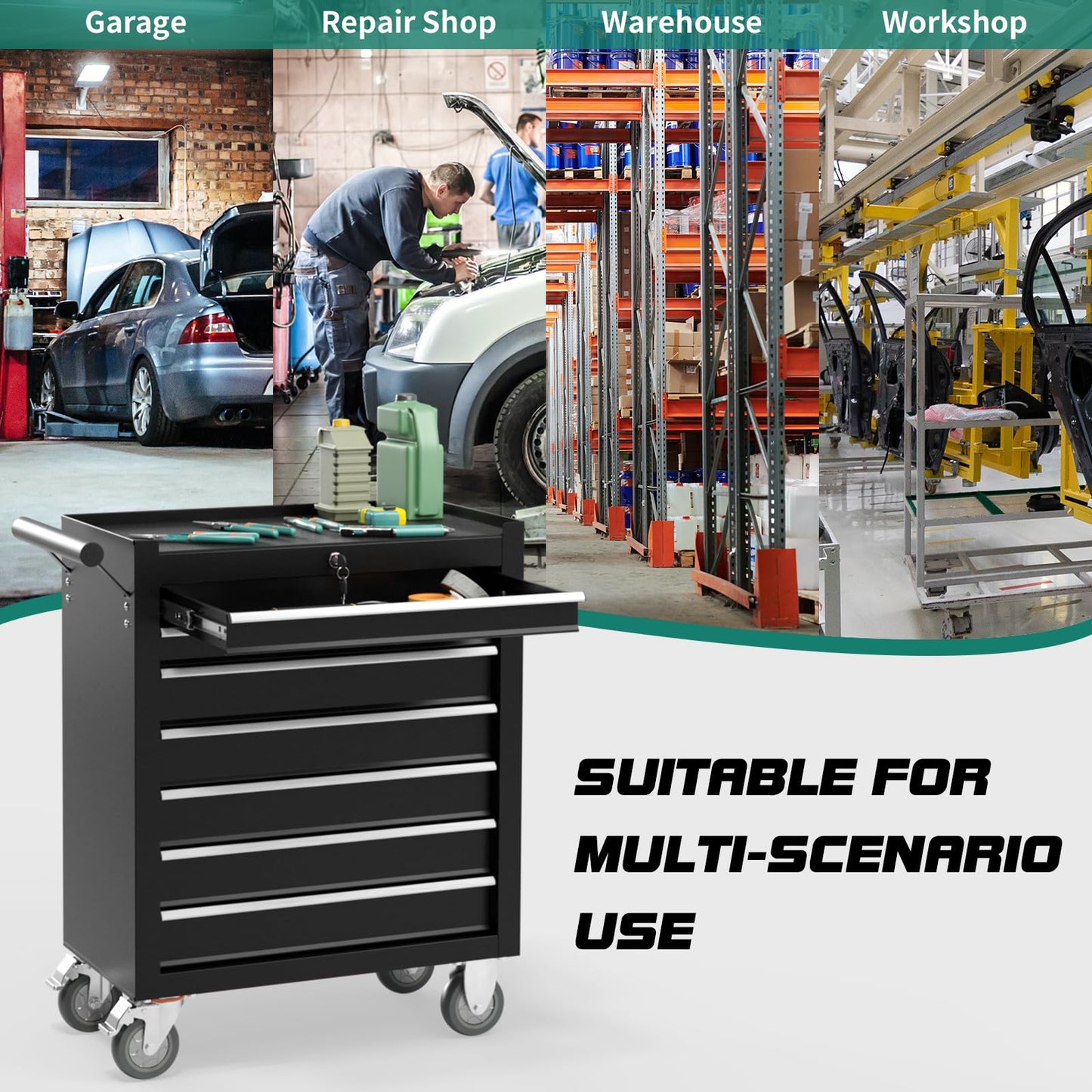 7-Drawer Rolling Tool Chest with Wheels, Tool Box with Locking System and Sliding Drawers, Heavy Duty Tool Box Organizer for Garage, Warehouse, Workshop (Black)