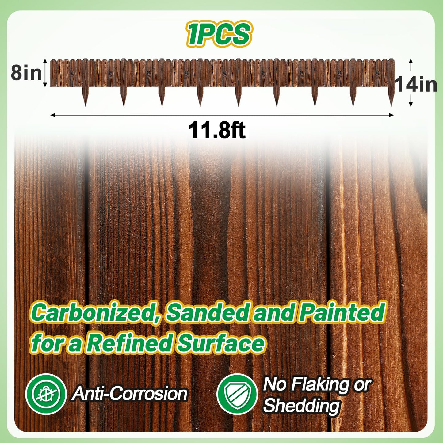 Rustic Pine Wood Landscape Edging - 11.8ft L x 8in H Garden Fence Border, Easy to Install Sturdy Wooden Planter Fencing for Yard Flower Bed Lawns Pathway Tree