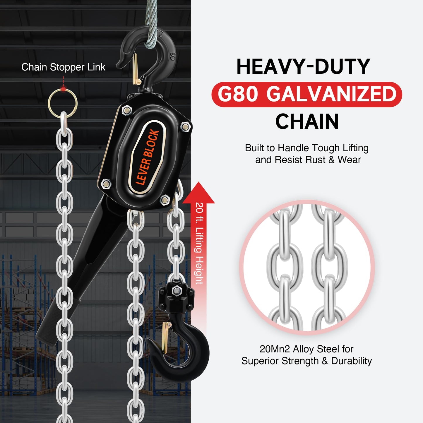 CREWORKS Lever Chain Hoist, 3 Ton 6600 lb Capacity 20 ft Manual Chain Hoist with G80 Galvanized Chain & Swivel Hooks, Heavy Duty Manual Lever Hoist for Construction Warehouse Automotive Factory