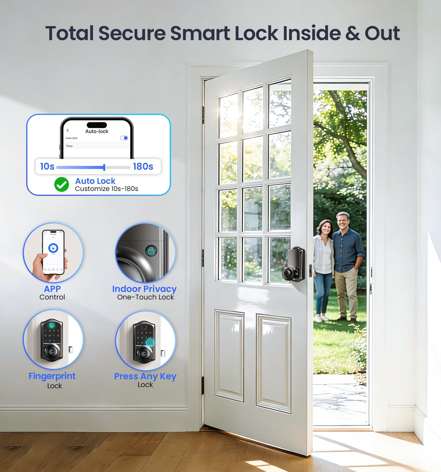 Veise VE018 Smart Knob Handle Lock - Fingerprint, App Control, Keyless Entry for Front Door and Bedroom, Electronic Digital Keypad, Auto Lock, Remote Access Sharing, IP55 Weatherproof, Matte Black