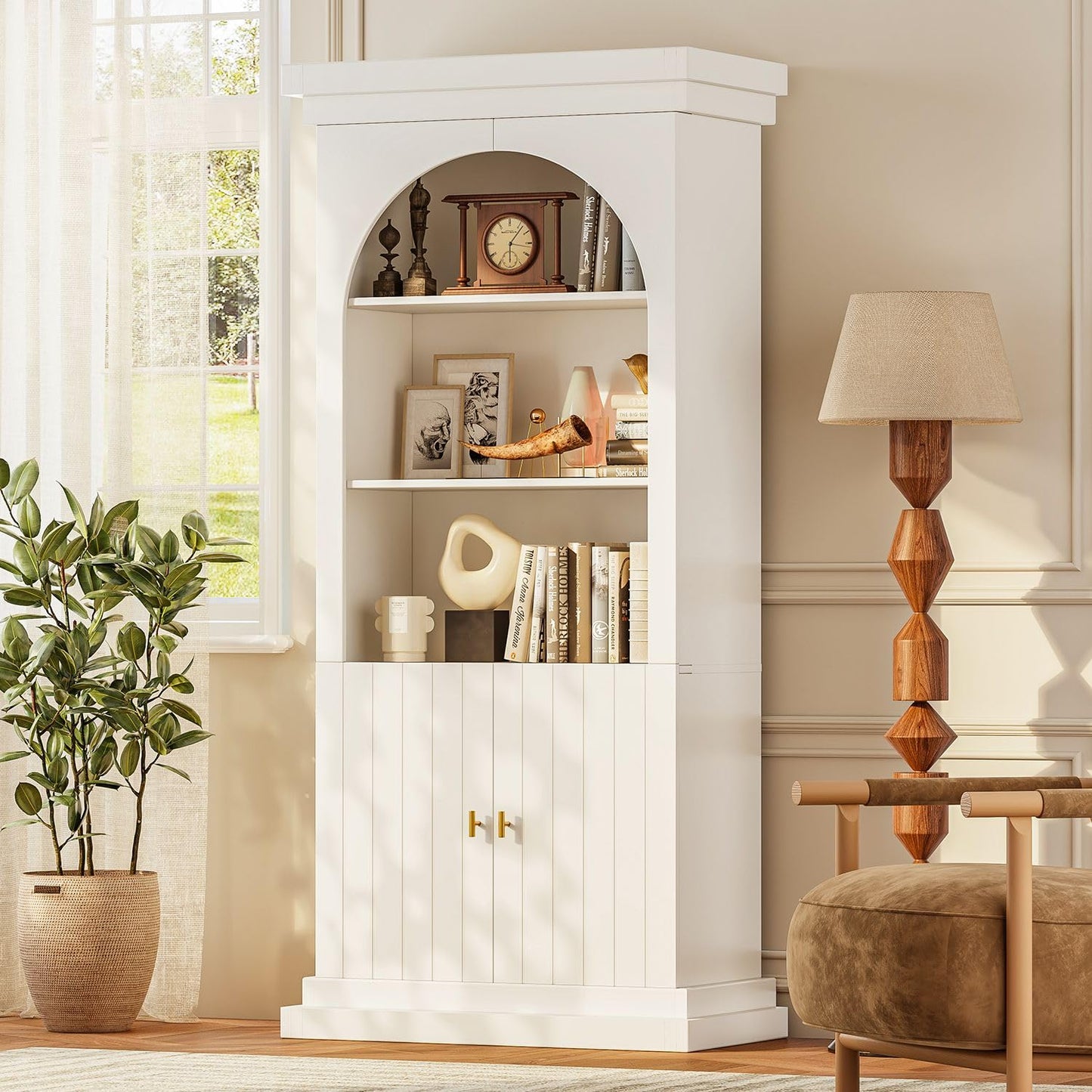 Myricore 71" Arched Kitchen Pantry Cabinet, Tall Half Open Storage Cabinet with Drawers, Modern Display Hutch for Dining Room, Living Room, White with Gold Handles, 3 of Set