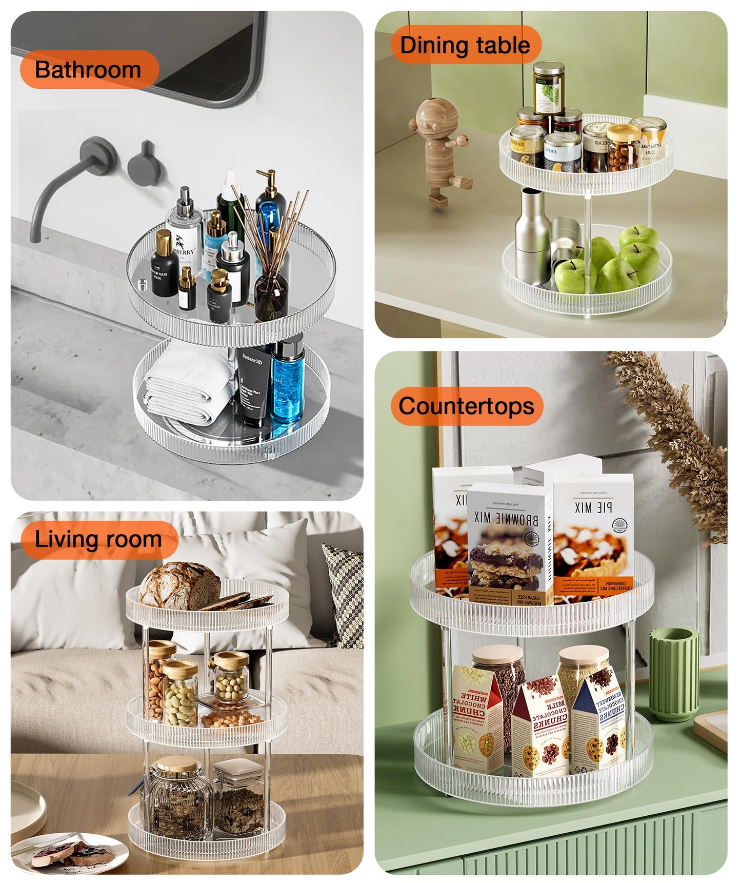 3 Tier Lazy Susan Bathroom Countertop Organizer, 360° Clear Rotating Makeup Cosmetic Perfume Storage Tray, Spinning Vanity Organizer Shelf for Bathroom Cabinet, Dresser, Kitchen(Large)