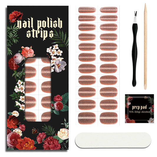 ruyeefam Nail Polish Strips (No UV Lamp Needed) - 22 Pcs Salon Quality Gel Nail Stickers - Long Lasting Wraps (Pink Gold Veil)