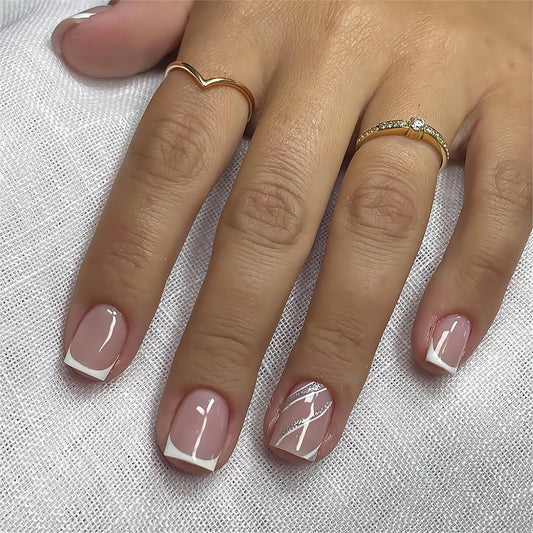 Rilafuvu Press on Nails Short Square Fake Nails Nude White French Tip Press ones Acrylic Nails with Stripe Designs Glitter False Nails Nude Reusable Stick on Nail for Women 24pcs