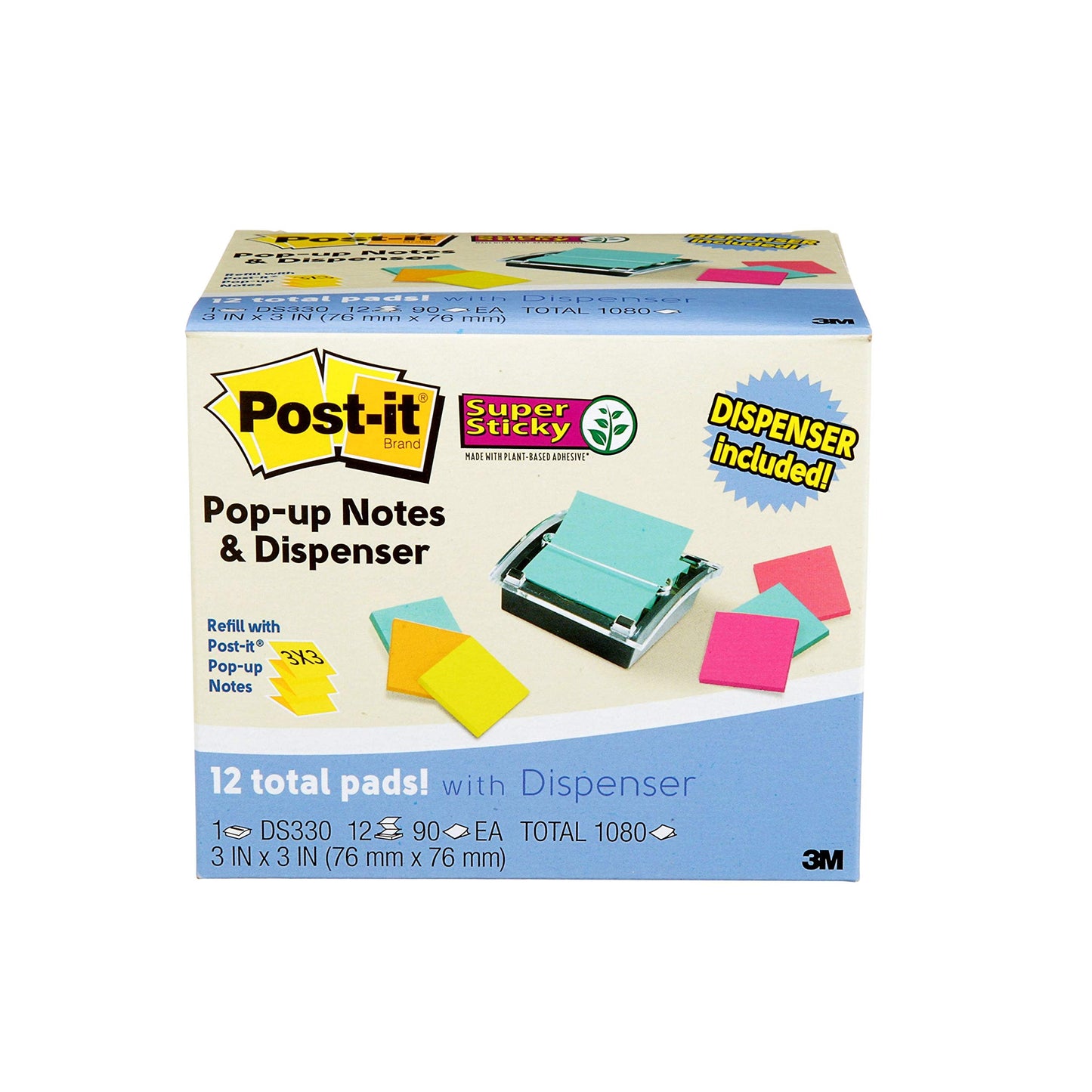 Post-it Sheet Super Sticky Note and Dispenser Value Pack, 3 in x 3 in, 12 Pads, Assorted Colors (DS330-SSVA)