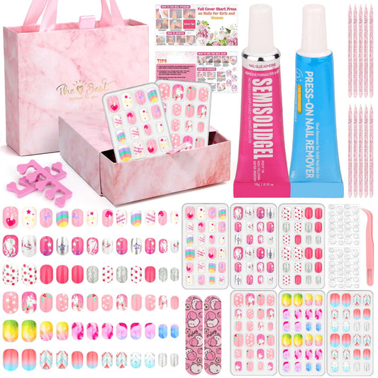 144 Pcs Press on Nails for Kids, Girls Fake Nails with Glue Kit, Cute Nails Tips with Jelly Nail Adhesive Teen Stick ons Acrylic Nails Gift Set for Girls 8-12