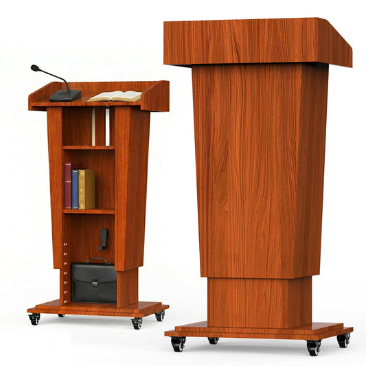 GARVIN Wooden Podium Stand with Wheels, 43"-55" Adjustable Height Podium Stand with Hand Crank, Wooden Pulpit for Churches with Storage Shelves&Cable Management Hole for Schools, Auditorium