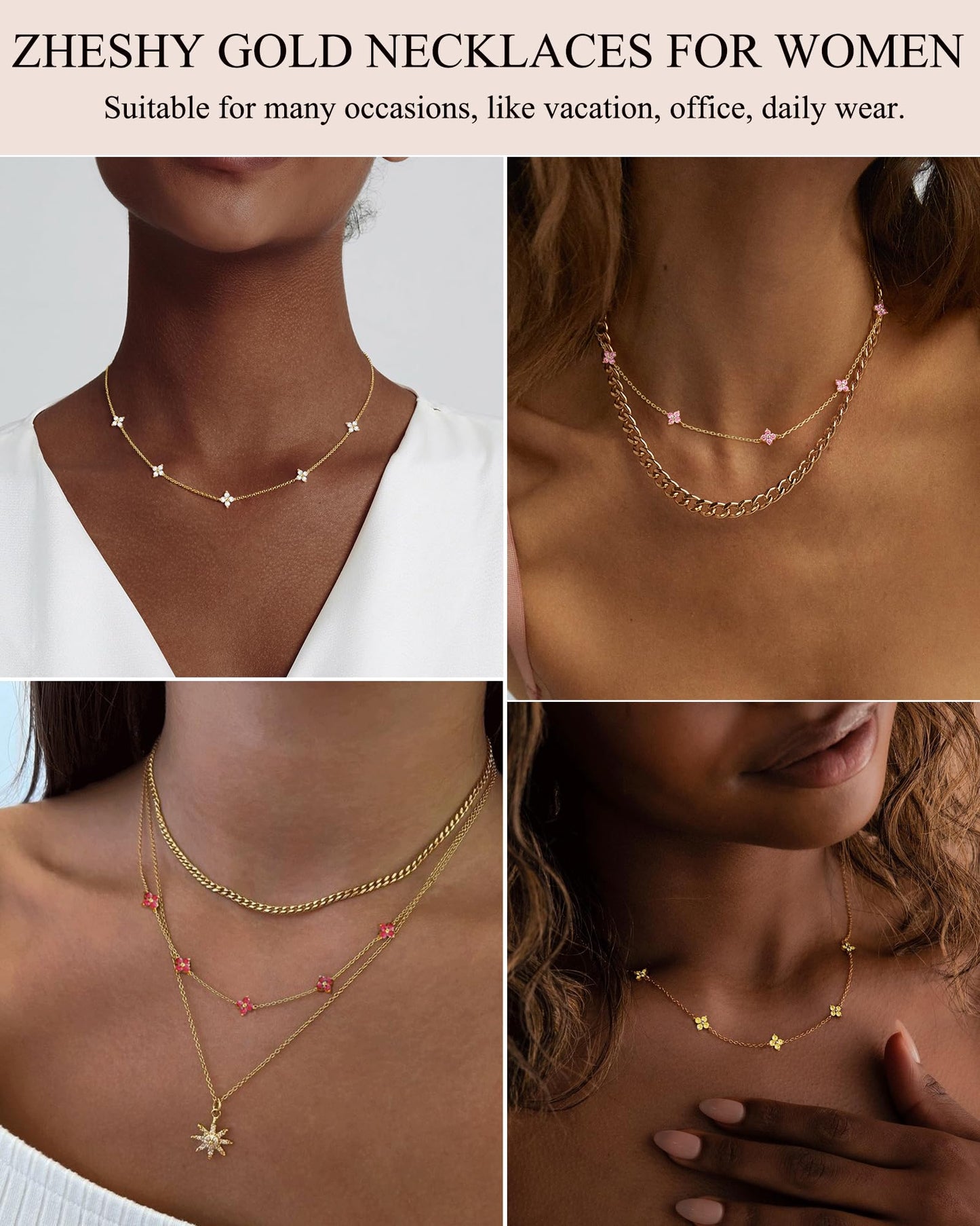 ZHESHY Birthstone Gold Necklace for Women Dainty Non Tarnish 14K Gold Plated Diamond Choker Necklaces Clover Cubic Zirconia Necklace Birthday Valentine's Day Gifts Womens Prom Gold Jewelry