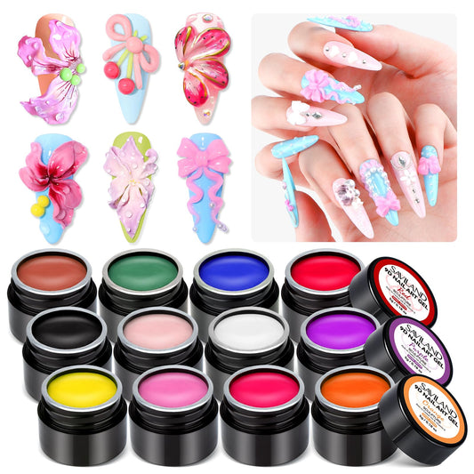 SAVILAND 3D Nail Gel Set: 12 Colors Non-Sticky Soak Off 3D Sculpting Gel for Nail Art Painting Drawing Hand Carving Molding with Sculpture Pen for 3D Nail Art Design Home Salon Manicure DIY