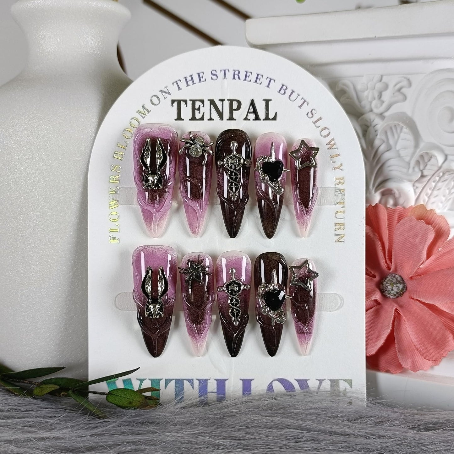 TENPAL 10Pcs Handmade Press On Nails Long Stiletto,Gothic Pink & Black Swirl Fake Nails with 3D Cross Spider Star Charms,Glossy Y2K Punk Glam Halloween Nails,Edgy Kawaii Nails for Parties Cosplay(M)