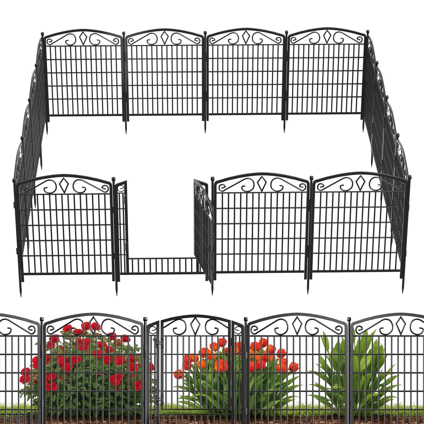12 Panels No Dig Decorative Garden Fence with Gate, GATKITOM 31.3in(H) x 26ft(L) Rustproof Animal Barrier Metal Dog Fence Outdoor for Yard, Patio, Temporary Garden Fencing with Ground Stakes