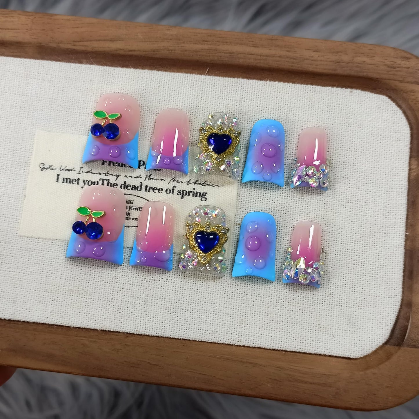 TENPAL Handmade French Tips Press on Duck Nails Kits - Icy Blue Purple Ombre Duckbill Nails with 3D Cherry Design, Acrylic Glossy Y2K False Nails for Women Girls Daily Parties(L)
