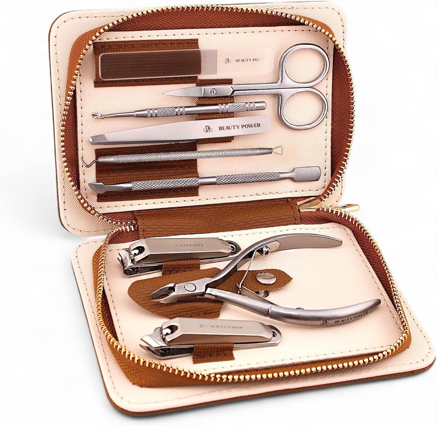 Beauty Power 9 in 1 Professional Manicure Pedicure Set - Stainless Steel Nail Clippers, Nano File, Cuticle Nipper, Scissors, Tweezers, Travel PU Leather Case for Men & Women - Gift Idea - Brown