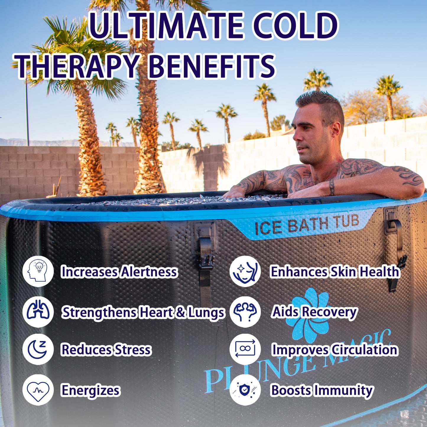PLUNGE MAGIC Ultimate Cold Plunge Tub Inflatable Ice Bath Tub With Cover for Athletes Portable & XXL Size Black, Water Chiller Compatible (Black-Elongated)