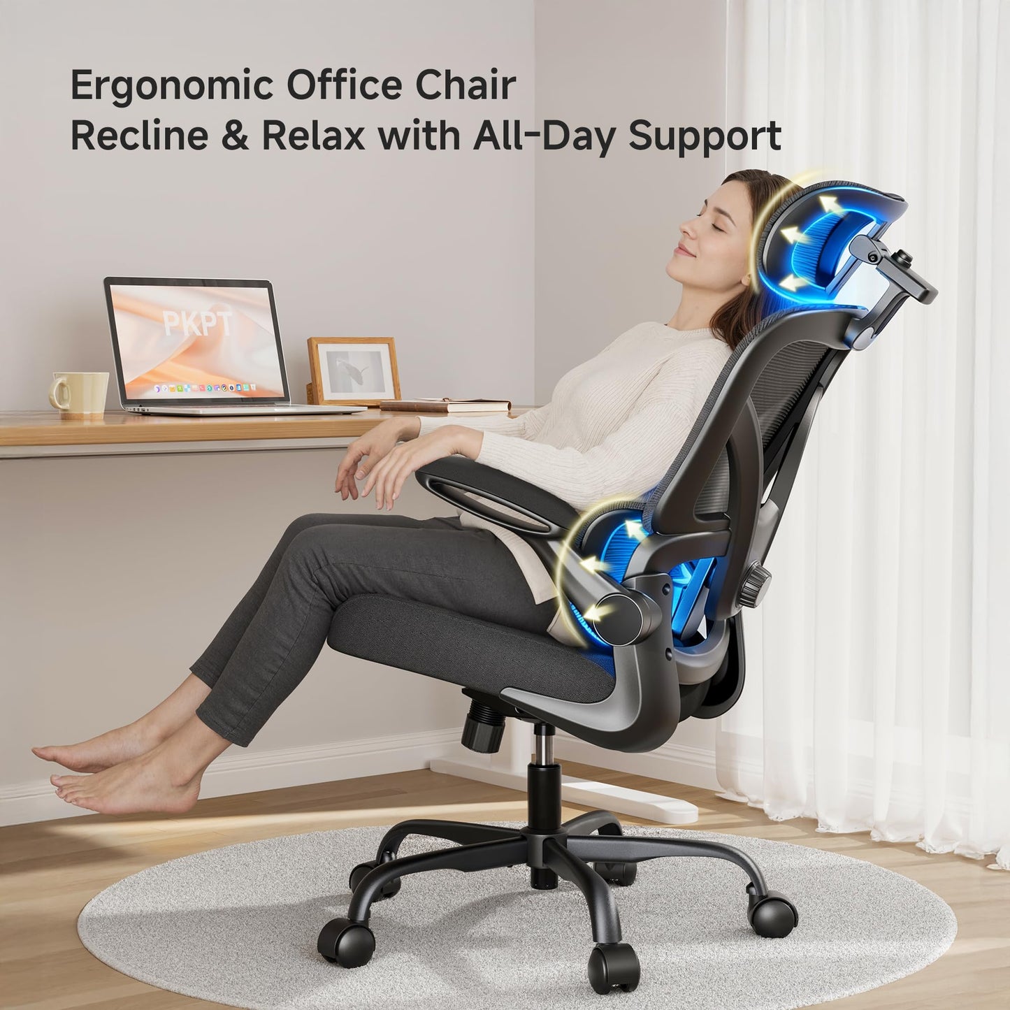 PKPT Ergonomic Office Chair, 330LBS Desk Chair with 3-Level Lumbar Support & Headrest, Breathable Mesh Backrest, Flip-Up Armrests for Home Office and Gaming, Black