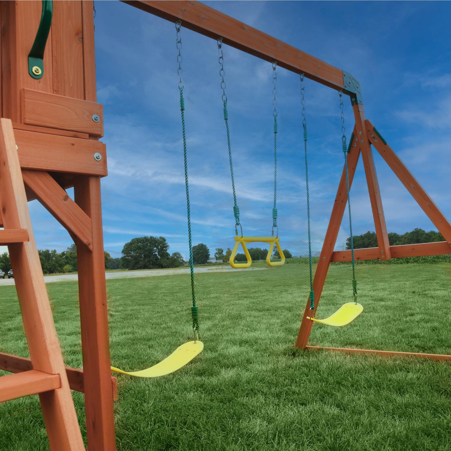 Backyard Discovery Atlantis Cedar Wood Swing Set with Wave Slide, Raised Clubhouse, Rock Wall, Belt Swings, Trapeze, Balcony, Lower Play Space, Snack Bar, Sandbox Area, Step Ladder, Outdoor Playset