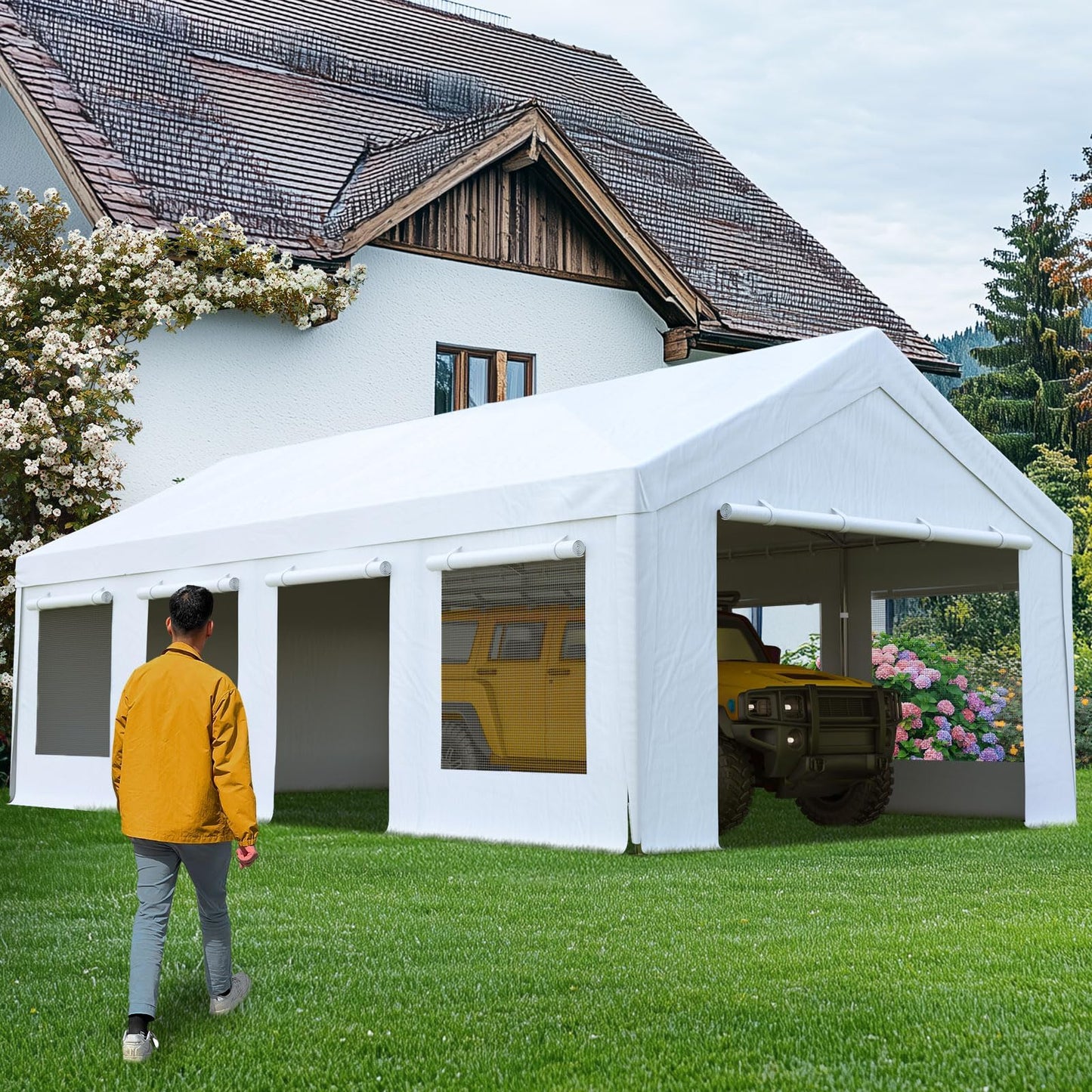 Quictent Heavy Duty 13x25 ft Carports with Side Zipper Doors & Snowproof Steel Cables & Ventilated Windows, Waterproof Storage Shelter for Car, Boat, RV, Outdoor Equipment, White