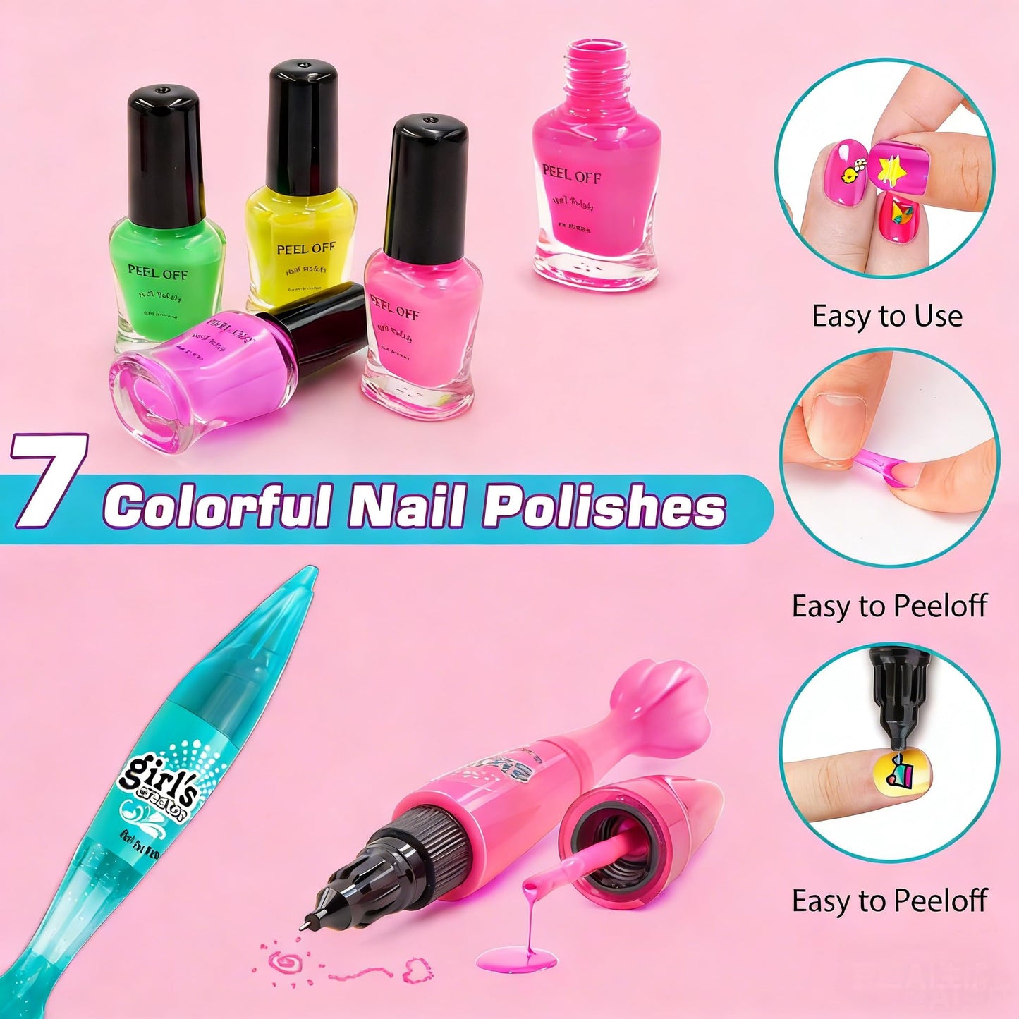 Amagoing Kids Nail Polish Set for Girls, Girls Nail Kit Ages 7-12 with Nail Dryer, Quick-Dry Nail Polish, Nail Art Pens, Cartoon Press on Nail, Makeup Bag, Spa Manicures Birthday Christmas Gift Toy