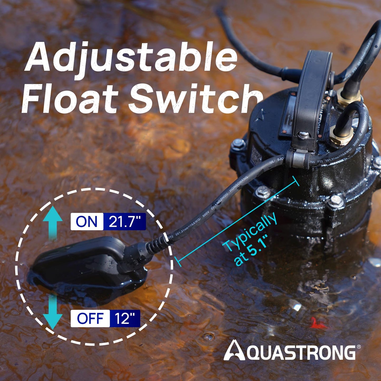 Aquastrong Sewage Grinder Pump, Cast Iron Effluent Pump, Auto Float Switch for Basement Sump Basin and Sewage Well