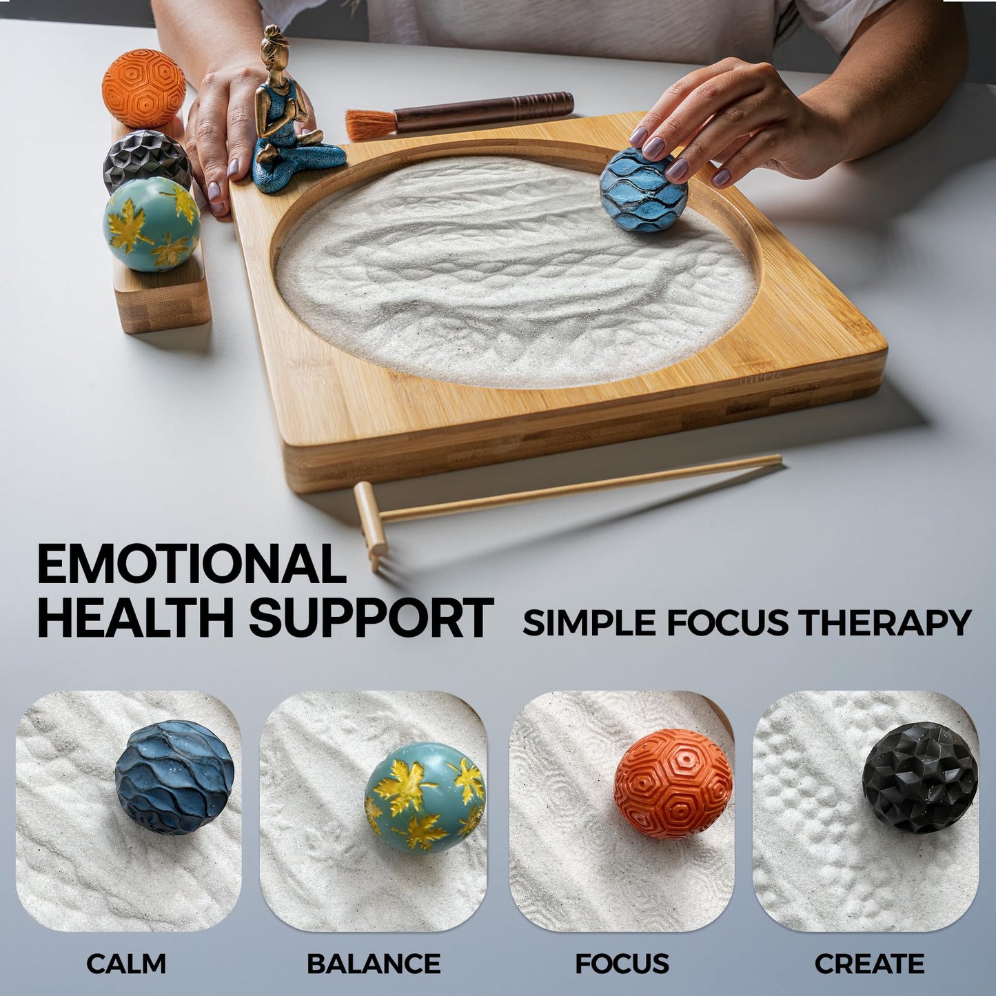 Home Moods Zen Garden for Desk - 11" Bamboo Sand Tray Therapy Kit | Meditation Gift | Sensory-Based Wellness Tool for Mindfulness & Emotional Support | Zen Decor