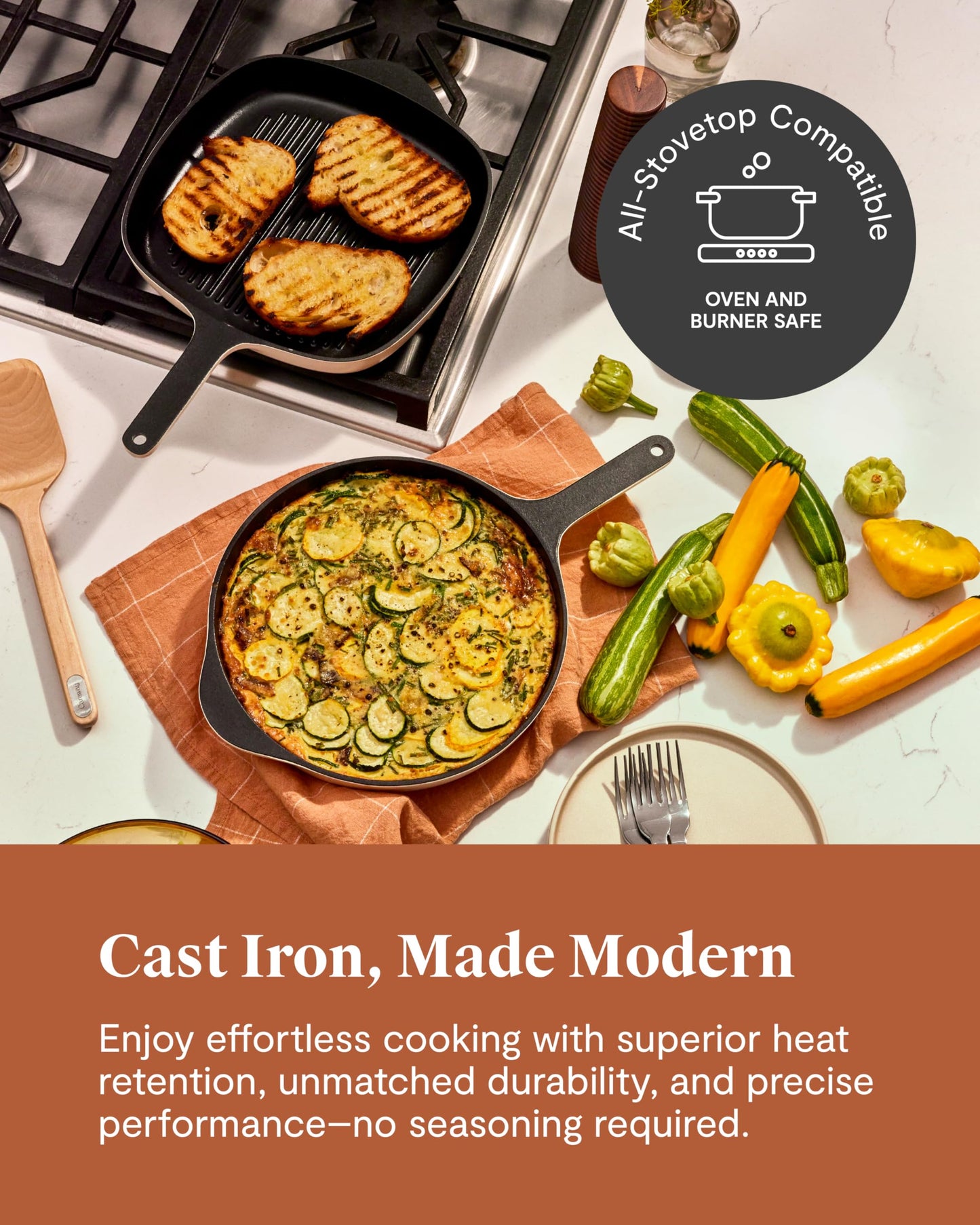 Caraway 10.5” Cast Iron Skillet & Grill Pan Duo – Enameled Cookware Set with Non-Toxic 3-Layer Enamel Coating – No Seasoning Required – Compatible with All Stovetops – Gray