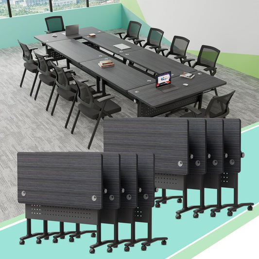 8PCS Folding Training Table with Wheels,Modular Conference Tables, 47IN Conference Room Table with Cable Grommets,Flip Top Mobile Meeting Tables for School Office Seminar Classroom,2-30 Person