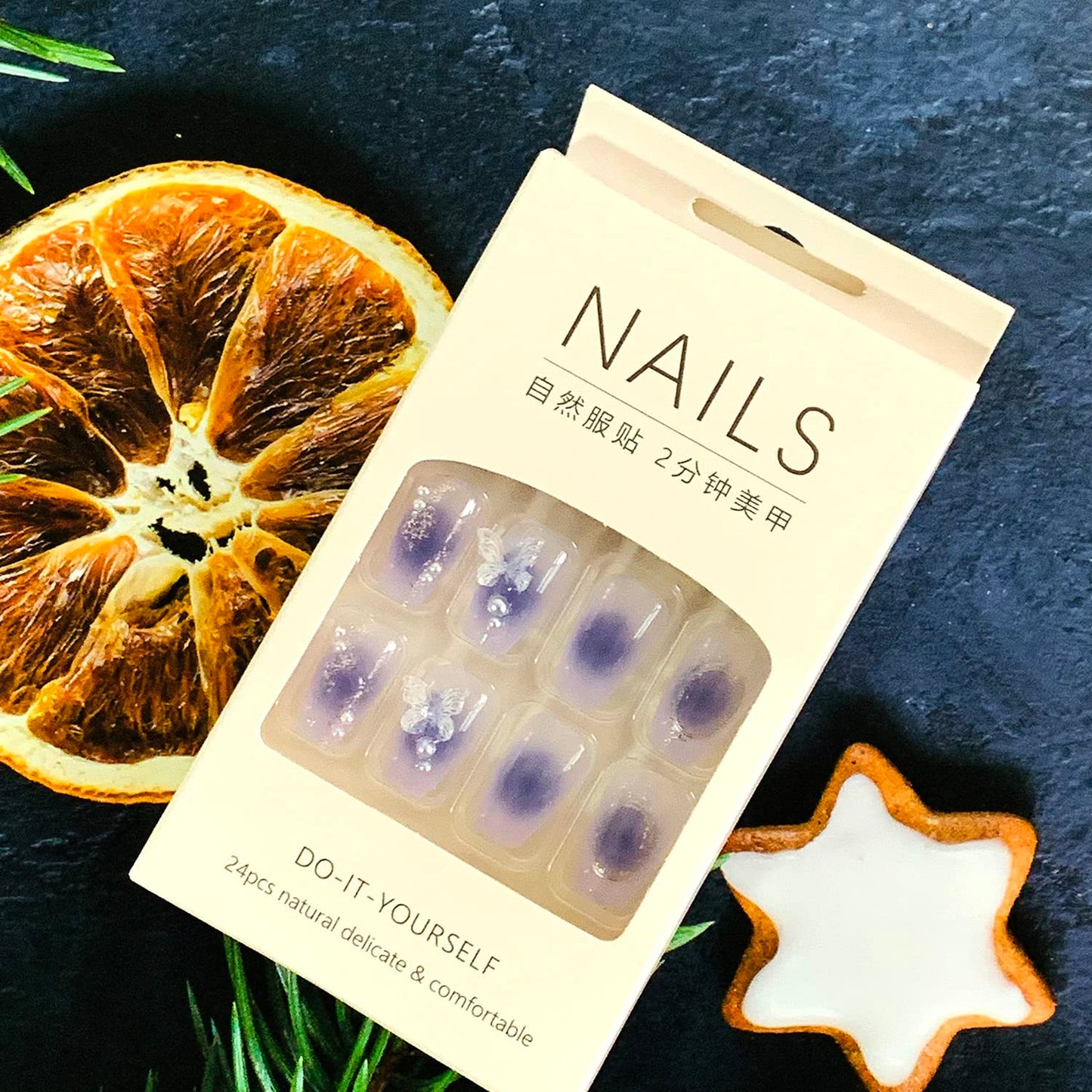 Press on Nails Square Medium Length, Artificial Acrylic Fake Nails with Butterfly Flowers Designs, 24Pcs Full Cover Reusable Coffin False Nails Set, Women Glue on Nails, Stick on Nails for Nail Art