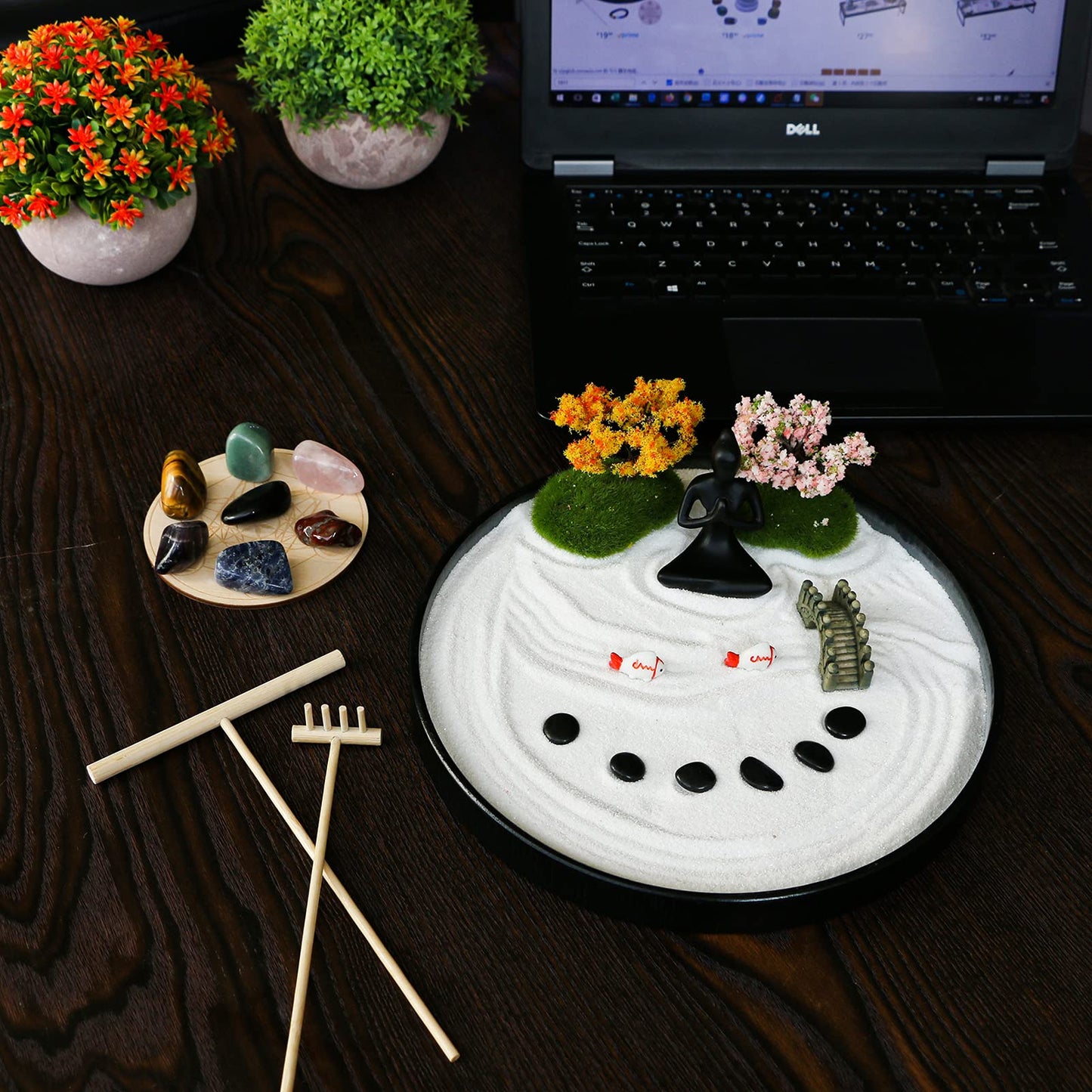 Zen Garden for Desk Tabletop Chakra Zen Healing Gifts Sand Tray Therapy Kit Set Japanese Decoration Crystal Quartz Rock Mini Garden Home Office Stress Relief Spiritual Decor Healing Gifts for Yoga