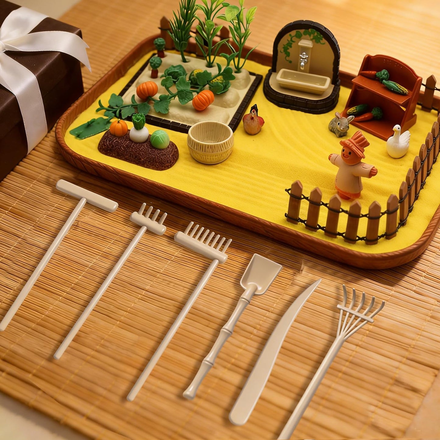 48pcs Zen Sand Garden for Desk,Mini Zen Garden,Vegetable Gardening Themed Sand Tray Therapy Kit with Tray & Rake,Office Stress Relief Toy