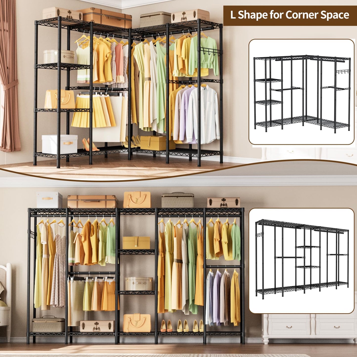 Golpart Heavy Duty Garment Rack Clothes Rack,Large Metal Closet Organizer System Storage Wardrobe,Freestanding Clothing Rack with Adjustable Wire Shelves& Hang Rods,MaxLoad 1100lbs