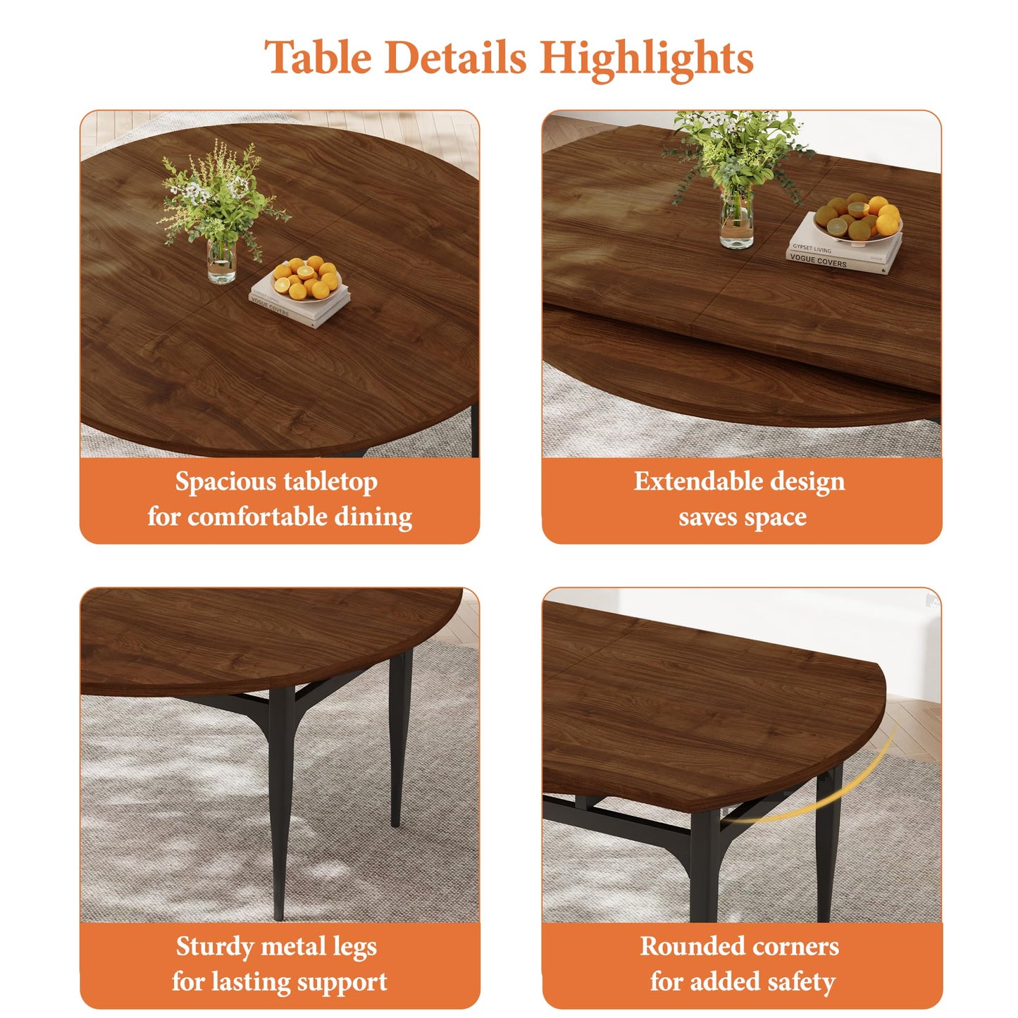 HIPIHOM Expandable Folding Dining Table Set, 55-Inch Round to Square Table with 6 Upholstered Chairs, Metal Frame, for Dining Room or Apartment (Round Table + 6 Black Modern Dining Chairs)