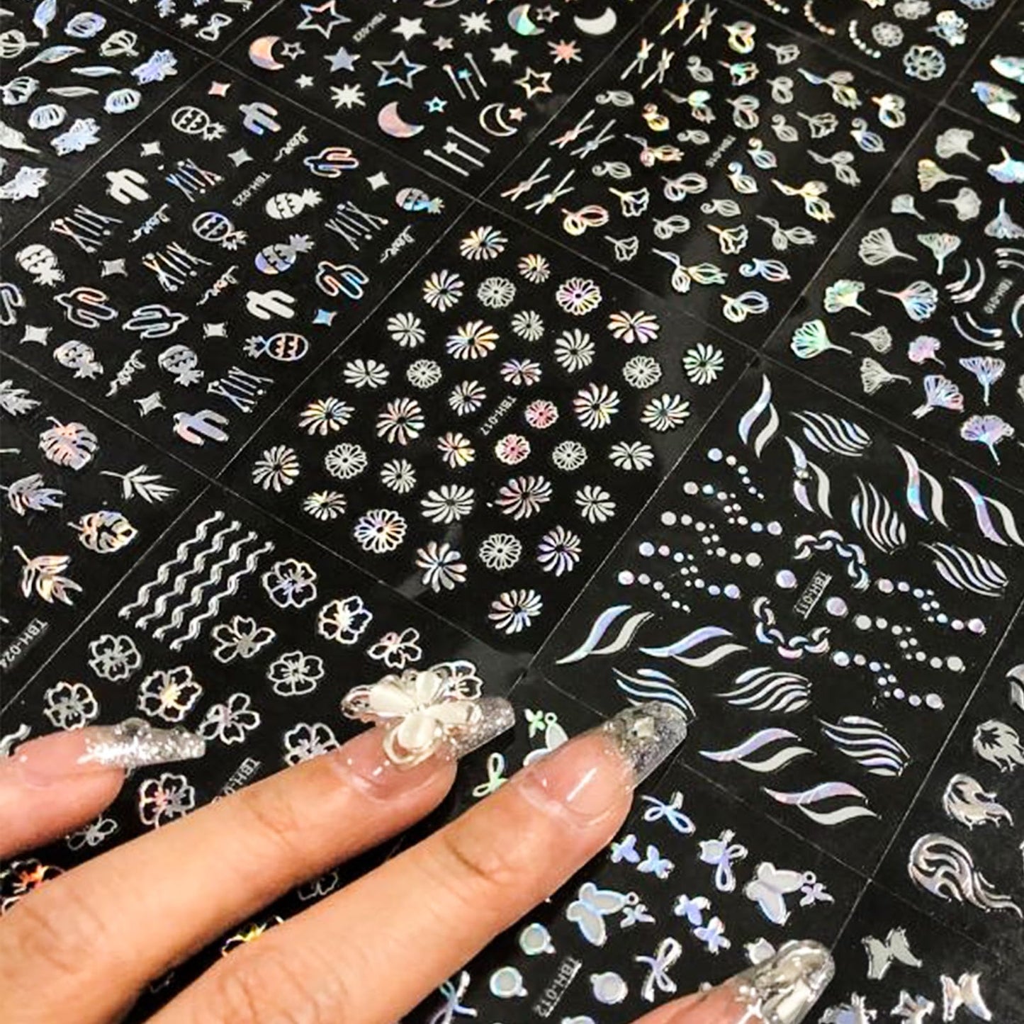 30 Sheet Silver Nail Art Stickers 3D Self-Adhesive Nail Decals Star Moon Flower Leaf Stripe Design Aurora Laser Nail Stickers Heart Butterfly Nail Art Supplies DIY Nail Decoration for Women