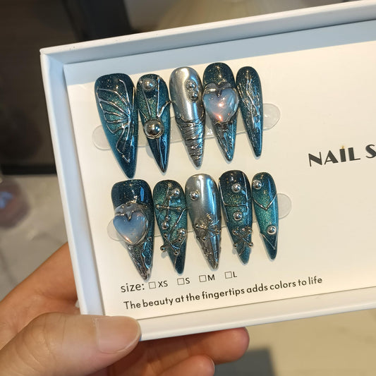 TENPAL Handmade Press on Nails Long Stiletto,Galaxy Ombre Blue-Black Fake Nails with 3D Butterflies Cross Beads Gem Stones,Edgy Y2K Metal Embossed Meteor Glitter Design Salon False Nail Kit 10pcs(M)