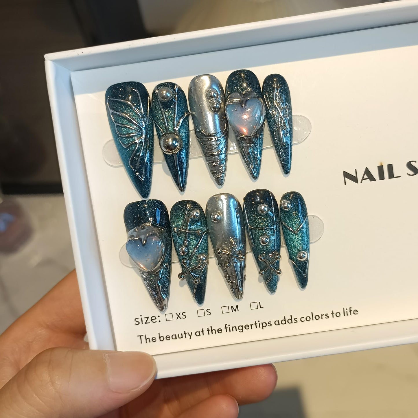 TENPAL Handmade Press on Nails Long Stiletto,Galaxy Ombre Blue-Black Fake Nails with 3D Butterflies Cross Beads Gem Stones,Edgy Y2K Metal Embossed Meteor Glitter Design Salon False Nail Kit 10pcs(XS)