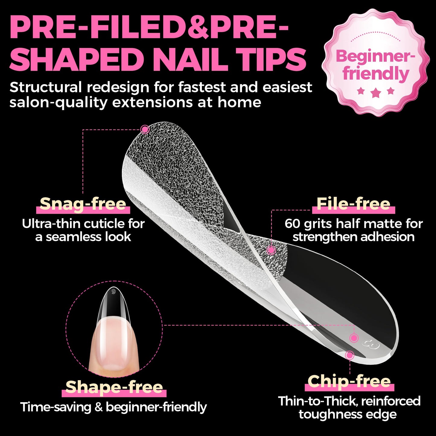 UNA GELLA Almond Gel Nail Tips, 504PCS Pre Etched Clear Fake Nails Tips Medium Almond Shape - 12 Sizes Full Cover Soft Acrylic Press On Nail Extensions No C Curve Gift for Diy at Home