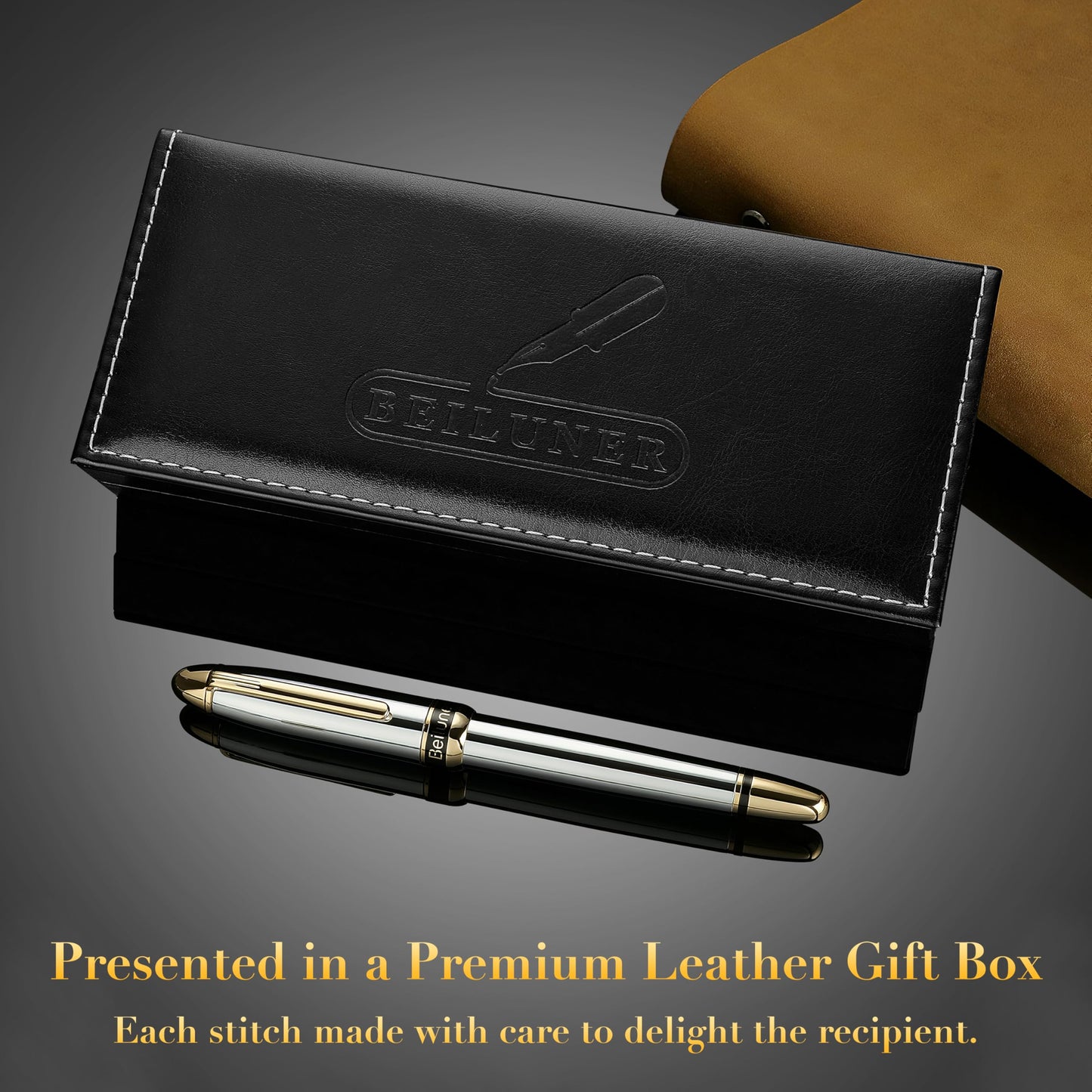 BEILUNER 315 Silver Chrome Fountain Pen,Stunning Luxury Pens with 24K Gold Accents, Gorgeous 24K Gilded Nib(Fine), Ink Converter,Fancy Pen Gift for Men&Women-Elegant, Office, Writing, Nice Design