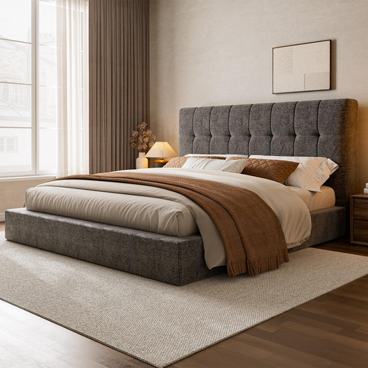 Queen Bed Frame with Headboard, Heavy Duty Upholstered Cloud Platform Bed with 2 Center Support Beams & Crossbar, 5.9" Thickened Foam for Safety, No Box Spring Needed, Easy Click‑In Assembly, Grey