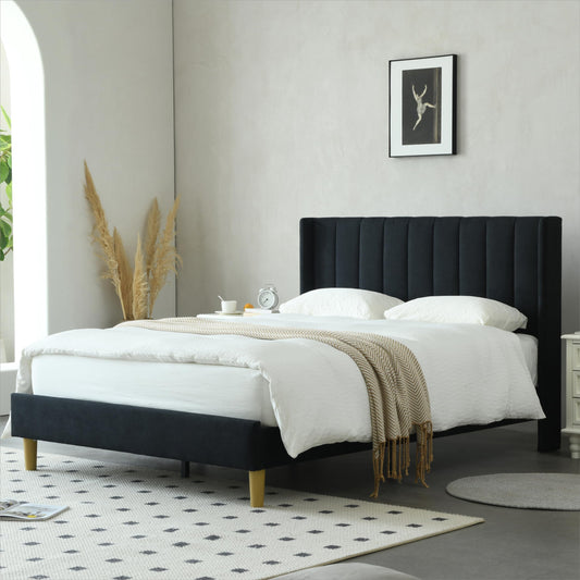 YUHUASHI upholstered Platform Bed Frame/Full Bed Frame/Modern Geometric Double-Wing Design headboard/Linen Fabric/Easy to Assemble no Noise (Black, Full)