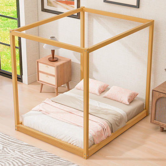 Queen Bed Frame with Canopy Legs, Wood Platform, Wooden Slats Support, No Box Spring Needed