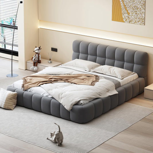 Merax Modern Tufted Platform Bed Queen Linen Floor Bed Frame with Headboard No Box Spring Needed Gray