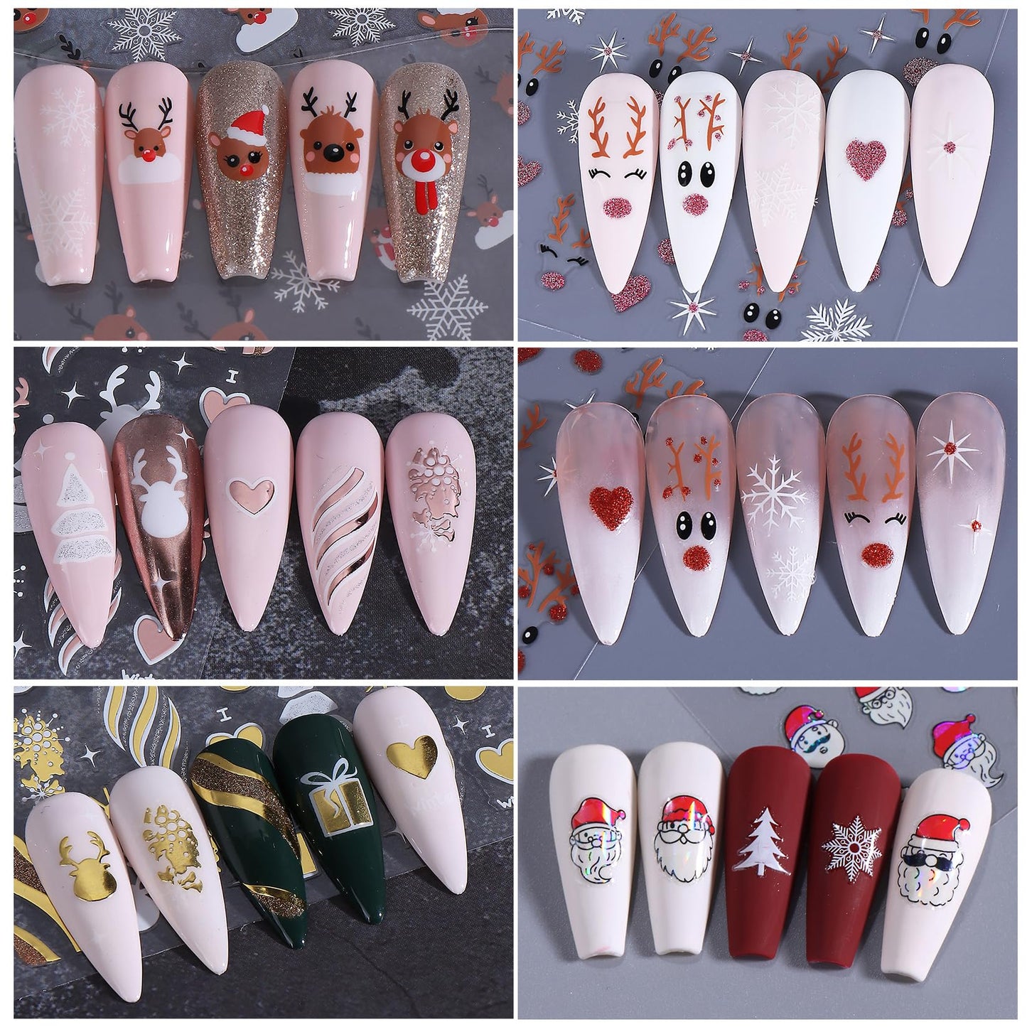 Christmas Holiday Nail Art Stickers 16PCS 3D Santa Claus Deer Decals for Nail Art Seasonal Fingernail Designs White Snowflake Gingerbread Man Self-Adhesive Manicure Decorations Accessories for Women