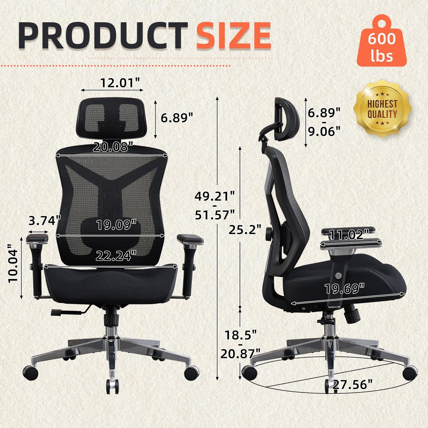 600lbs Big and Tall Office Chair with W-Shaped Seat Cushion, Ergonomic Mesh Desk Chair with Adjustable Lumbar Support, 4D Armrests for Heavy People
