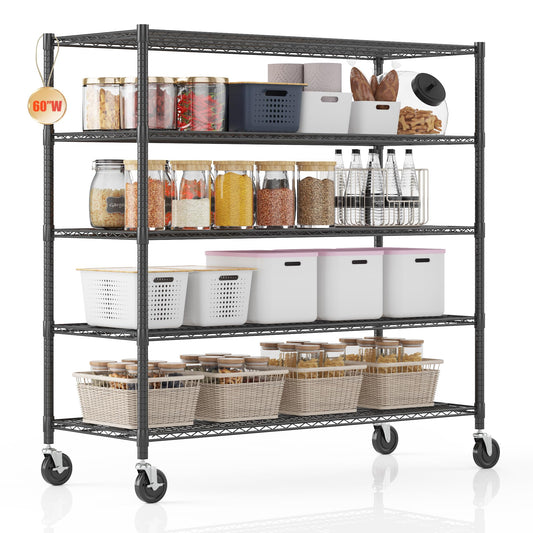 Homdox 5 Tier Storage Racks and Shelving, 24"x60"x82" Heavy Duty Metal Shelves for Storage, 3000LBS Commercial Adjustable Wire Shelving Unit on Wheels for Garage, Pantry, Kitchen, Warehouses, Black