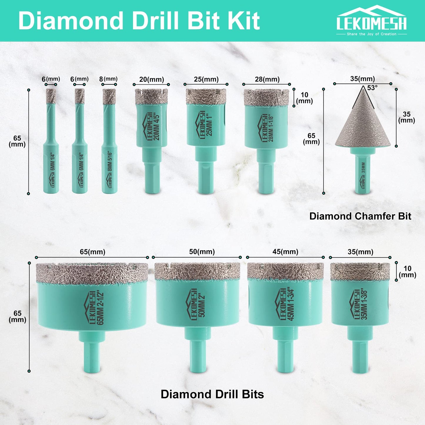 LEKOMESH Diamond Core Drill Bits Set 11pcs Tile Hole Saw Kit Triangle Shank(6/6/8/20/25/28/35/45/50/65mm/35mm Diamond Chamfer bits)
